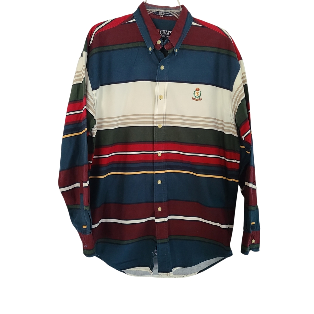 Vintage 90s Chaps Ralph Lauren Striped Crest Logo Button Down Shirt Medium